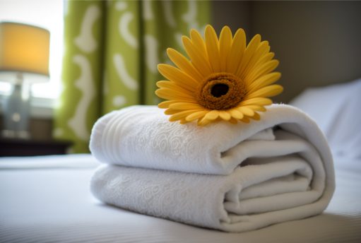 Stack of towels and flower on bed in hotel room. Bright gerbera as welcome gesture, room service, accommodation concept, copy space Stack of towels and flower on bed in hotel room. Bright gerbera as welcome gesture, room service, accommodation concept, copy space eps 10